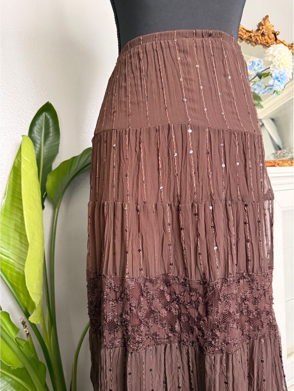 Y2K brown lace sequin maxi skirt - Gypsy, fairy core - Picture 4 of 7